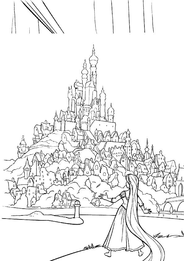 coloriage raiponce devant la ville